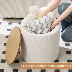 Circular Storage Ottoman Sixteen Inch White Boucle-4