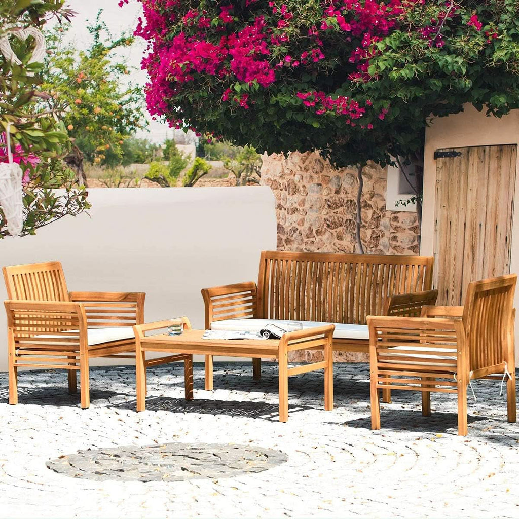 Outdoor Acacia Wood 4 Piece Sofa Set With Water Resistant Cushions Coffee Table-2