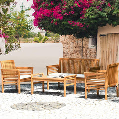 Outdoor Acacia Wood 4 Piece Sofa Set With Water Resistant Cushions Coffee Table-2