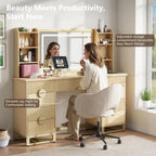 Oak Fluted Vanity Desk 60 Inch Tempered Glass Table top-1