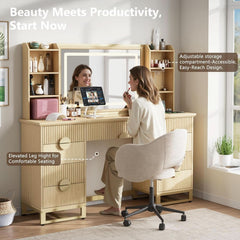 Oak Fluted Vanity Desk 60 Inch Tempered Glass Table top-1