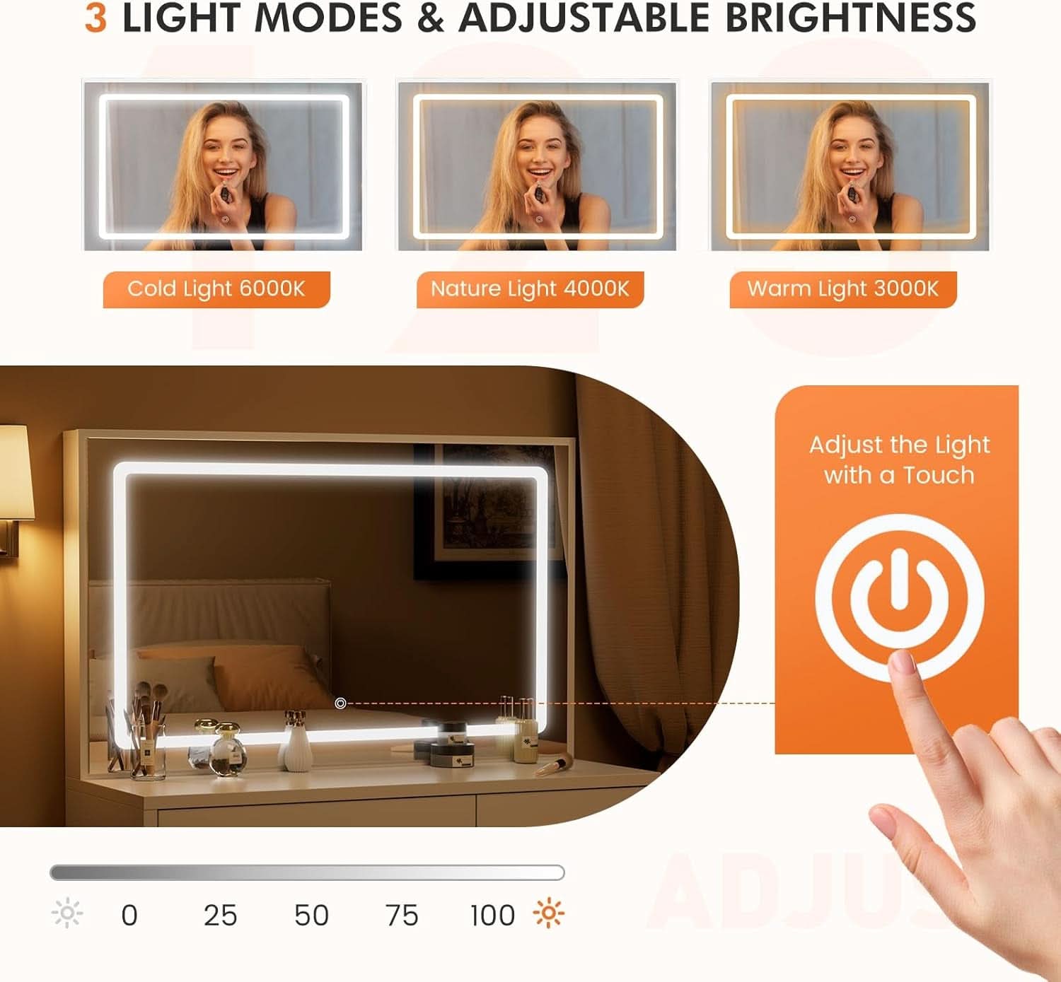 Vanity Desk With 35 Inch LED Backlit Reflection Mirror-2