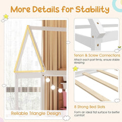Twin House Bed Frame With Roof Canopy Montessori For Kids-3