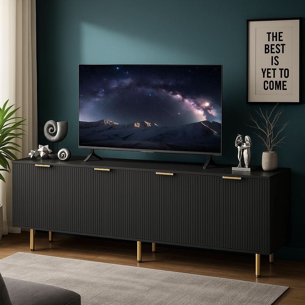 Black Fluted Mid Century Modern TV Entertainment Center With Storage-2