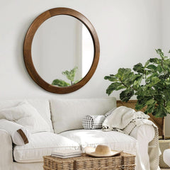 30 Inch Walnut Round Wall Mirror Rustic Style-0