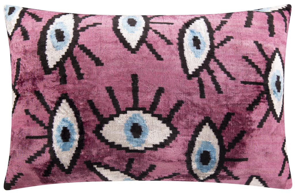 Canvello Handmade Velvet Evil Eye Pattern Pillow – 16x24 Luxury Decorative Throw Cushion for Home Decor – Feather Down Insert, Vegetable-Dyed, Vibrant Pink Purple Accent for Sofa, Couch & Furniture,