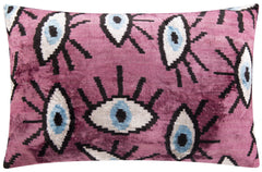 Canvello Handmade Velvet Evil Eye Pattern Pillow – 16x24 Luxury Decorative Throw Cushion for Home Decor – Feather Down Insert, Vegetable-Dyed, Vibrant Pink Purple Accent for Sofa, Couch & Furniture,