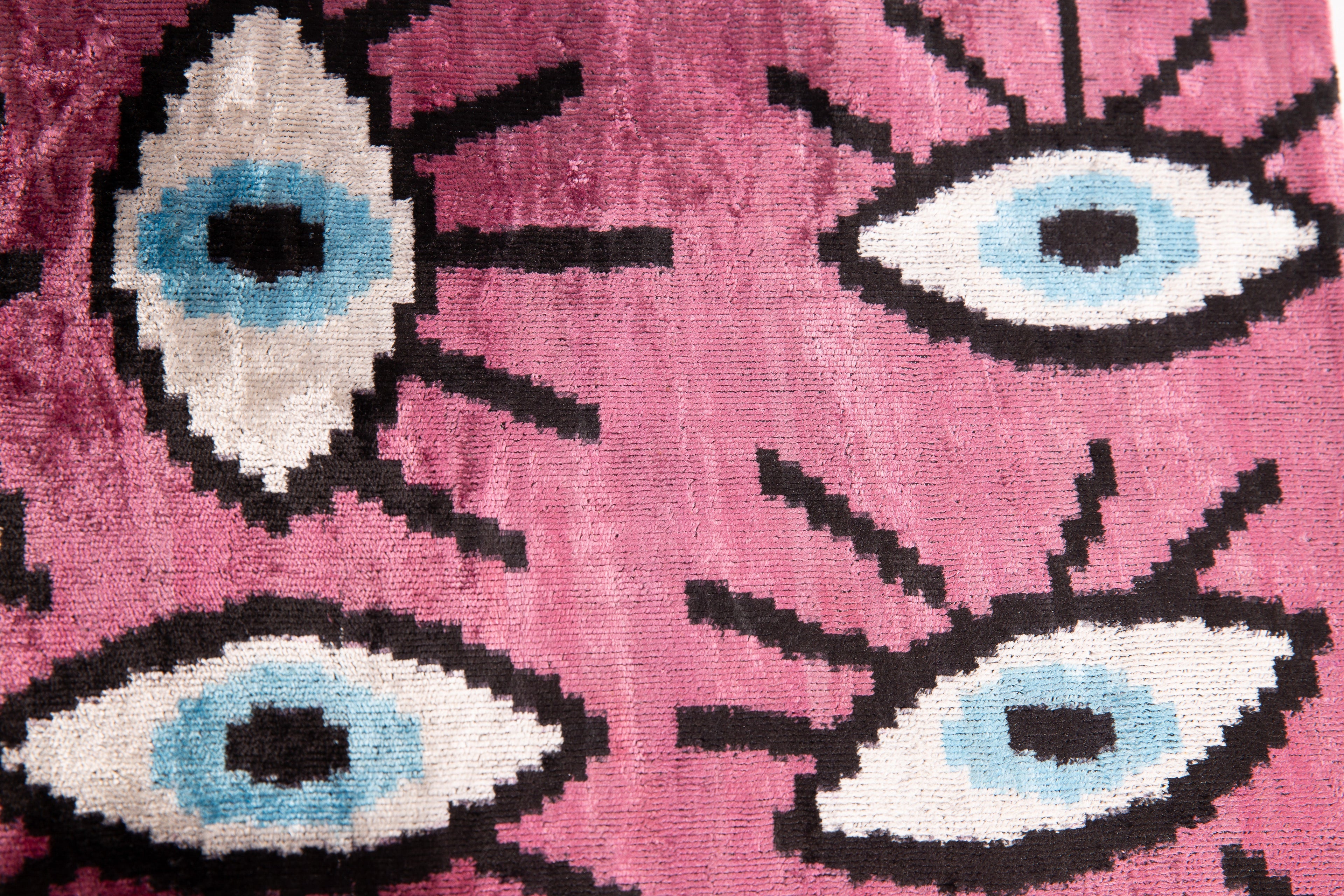Canvello Handmade Velvet Evil Eye Pattern Pillow – 16x24 Luxury Decorative Throw Cushion for Home Decor – Feather Down Insert, Vegetable-Dyed, Vibrant Pink Purple Accent for Sofa, Couch & Furniture,