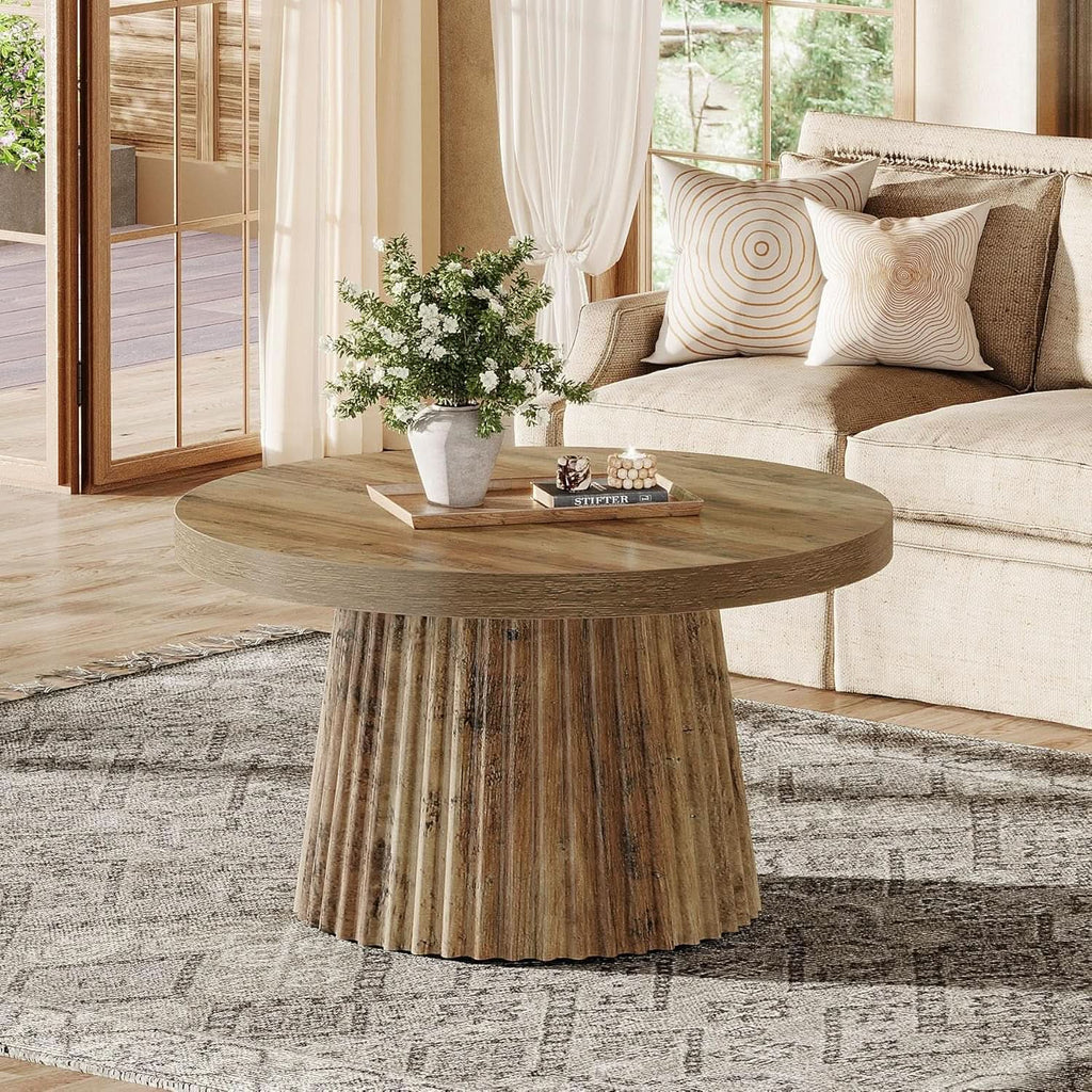 Solid Walnut Round Coffee Table 31.5 Inches Drum Base-2