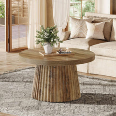 Solid Walnut Round Coffee Table 31.5 Inches Drum Base-2