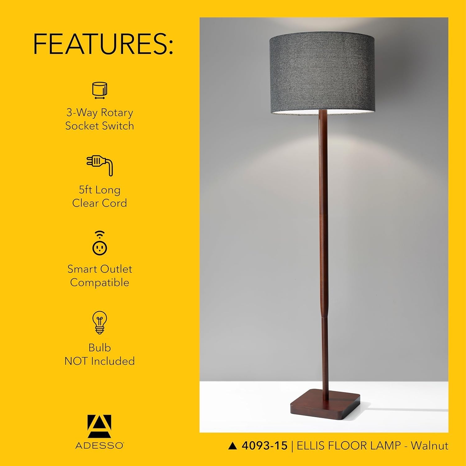 Floor Lamp Walnut Grey Shade Adjustable Fifty Eight Inch Tall-4