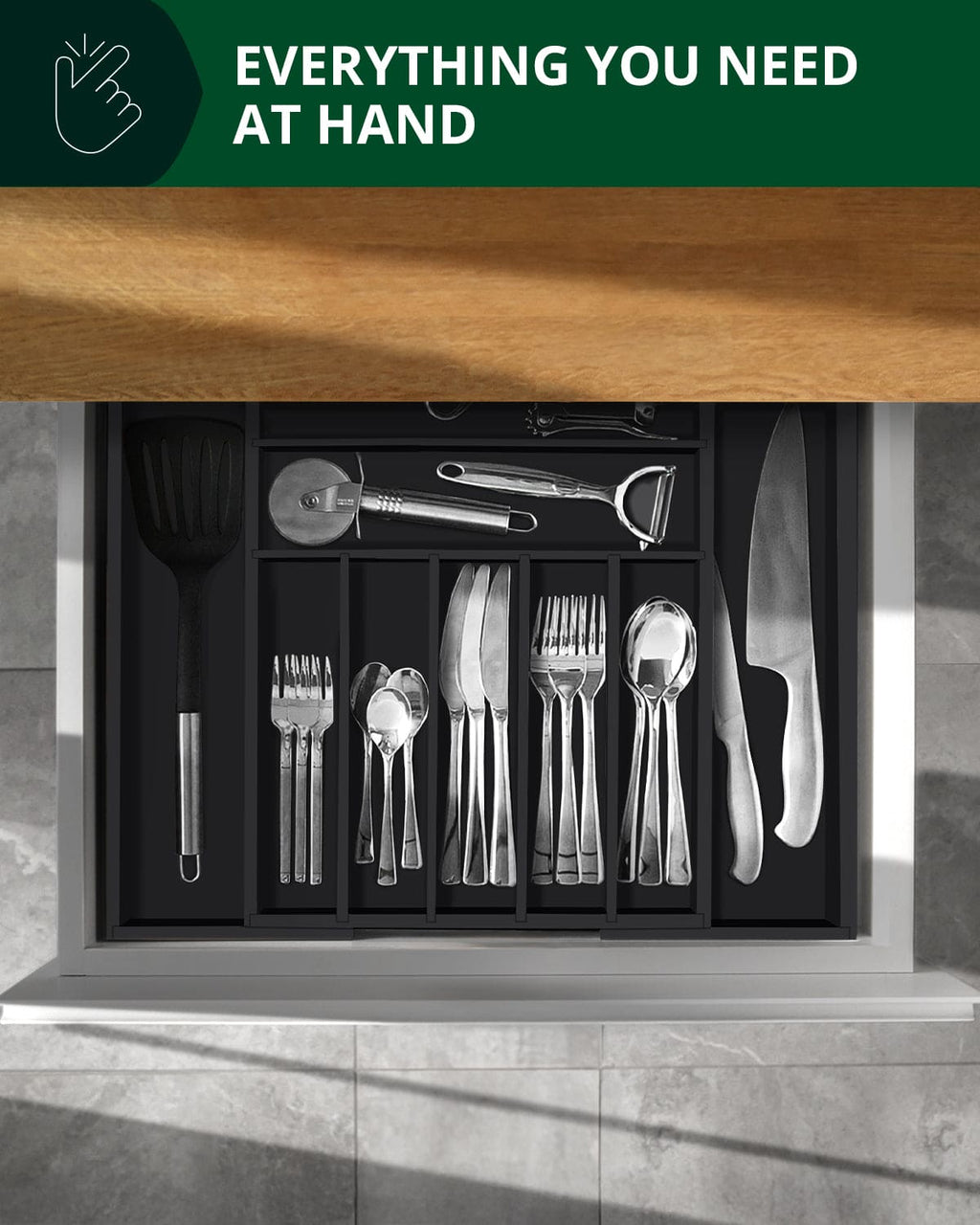 Silverware Drawer Organizer, Black (9 Slots)-2