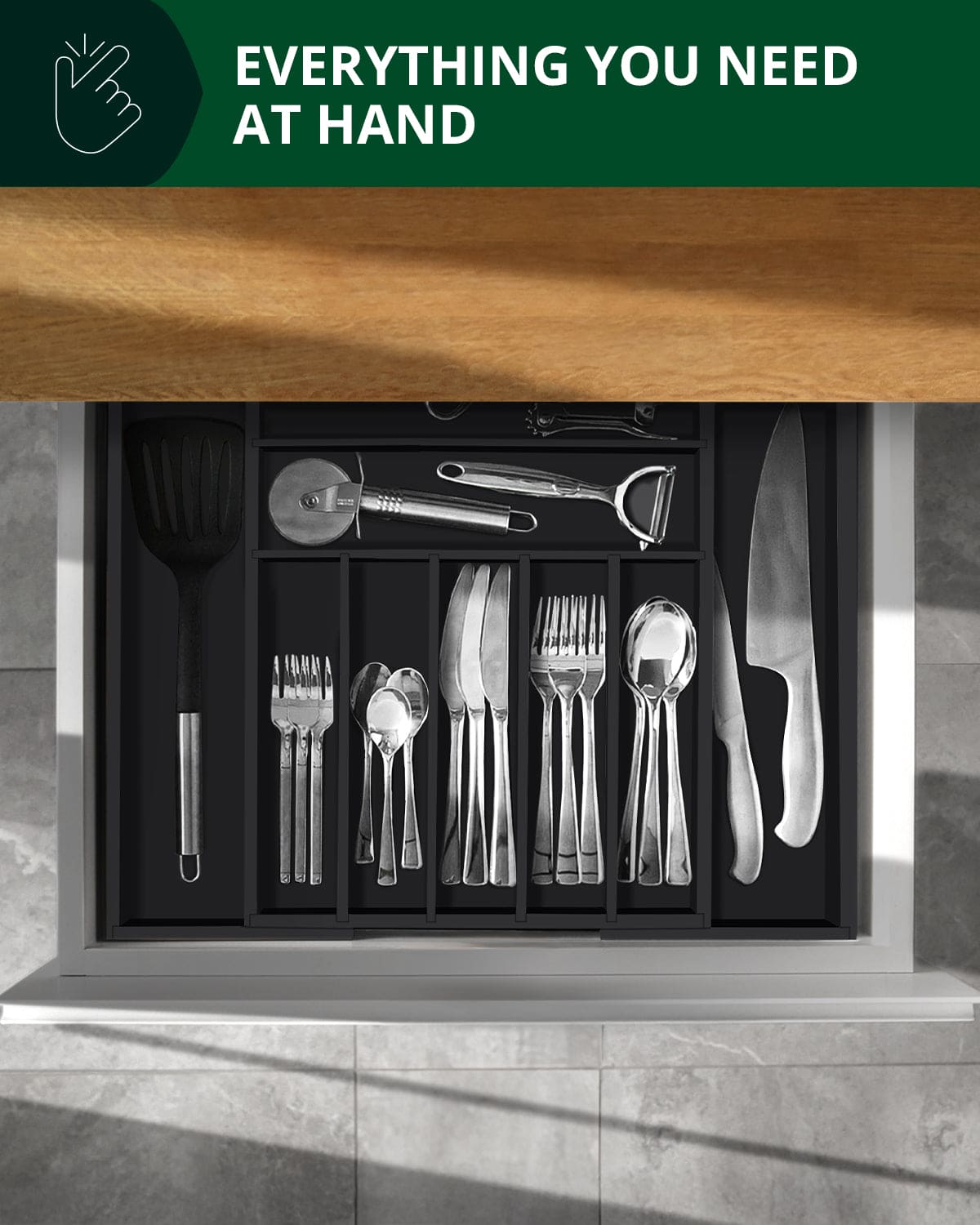 Silverware Drawer Organizer, Black (9 Slots)-2