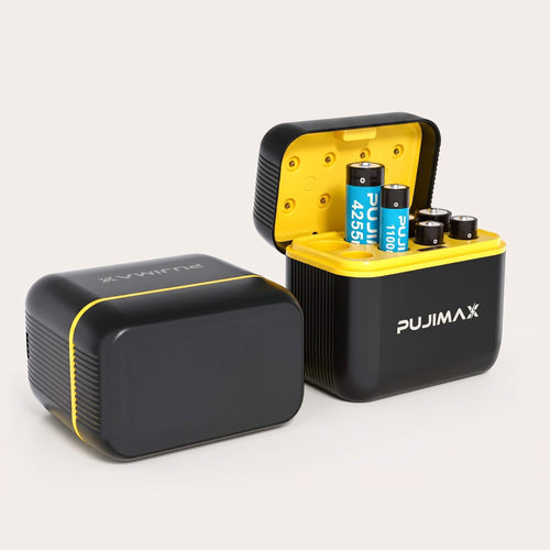 A black and yellow Pujimax portable battery charger or battery storage device shown closed and open, with three batteries inside the open unit, on a clean off-white background.