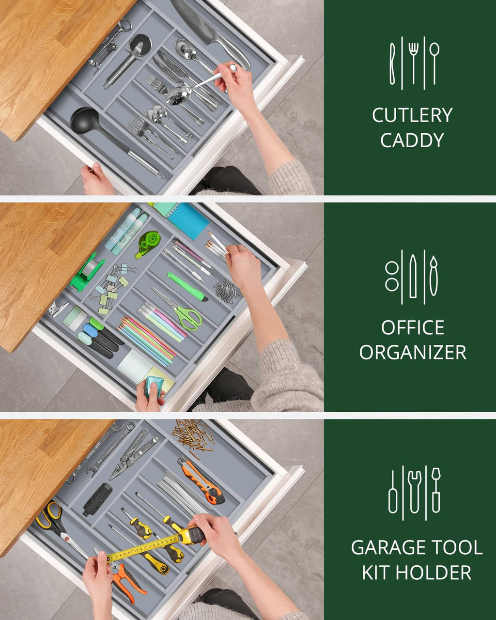 Silverware Drawer Organizer, Gray (9 Slots)-3