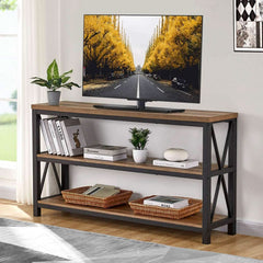 Rustic Wood Console Table With Three Shelves Metal Frame-3