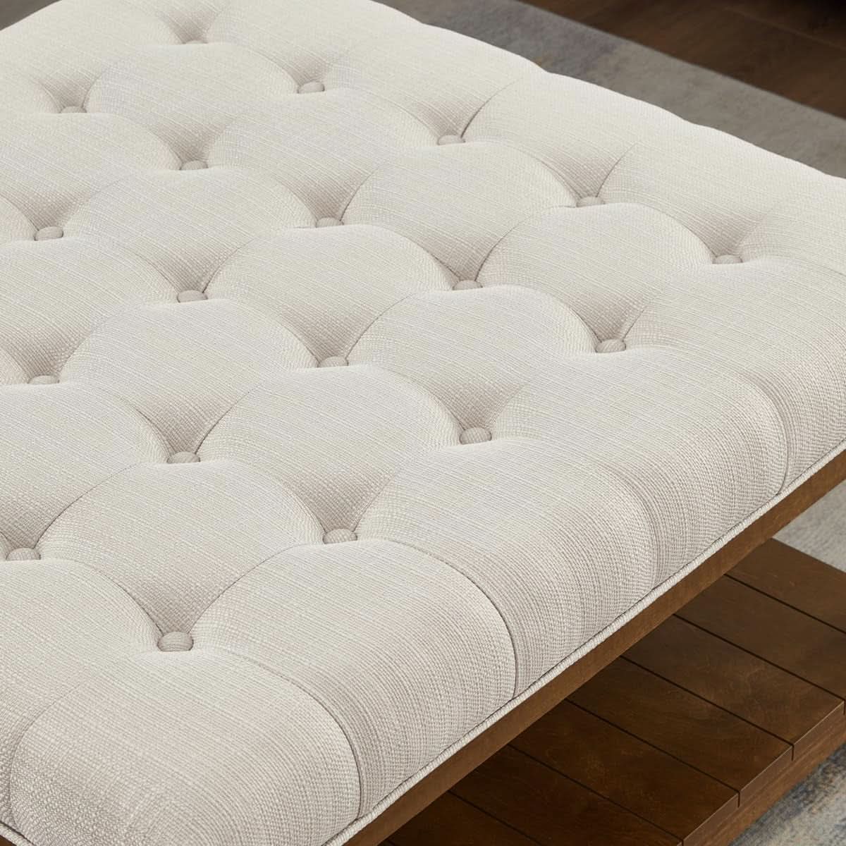 Ivory Upholstered Coffee Table With Hardwood Shelf-4