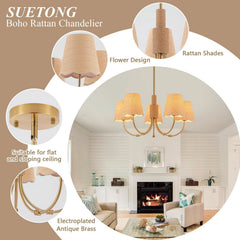 Antique Brass Boho Rattan Chandelier Pendant Dimmable-1