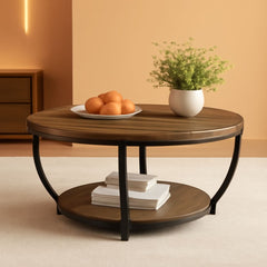 Round Coffee Table 31.7Inches Rustic Brown Storage-0