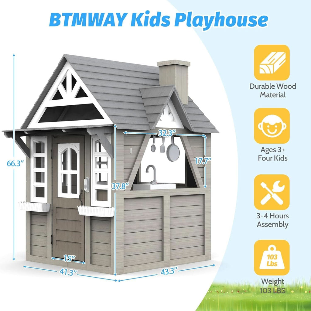 Kids Outdoor Playhouse Cedar Gray Weather Resistant-2