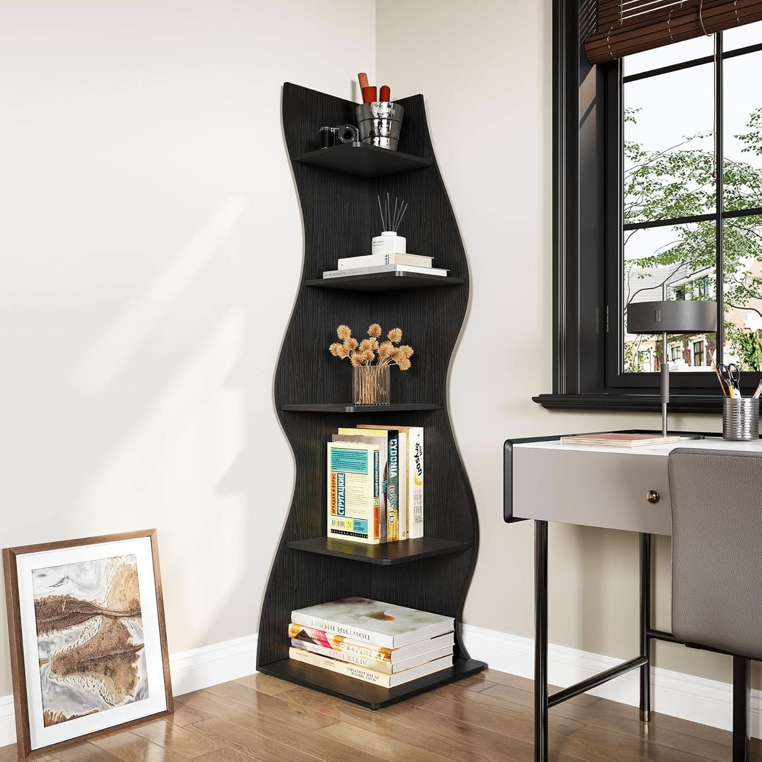 White 5 Tier Corner Shelf Wall Bookcase For Small Spaces-4