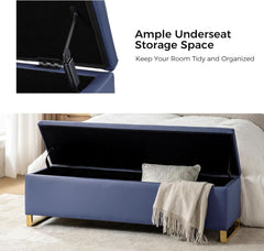 Navy Upholstered Storage Ottoman Bench With Hideaway-2