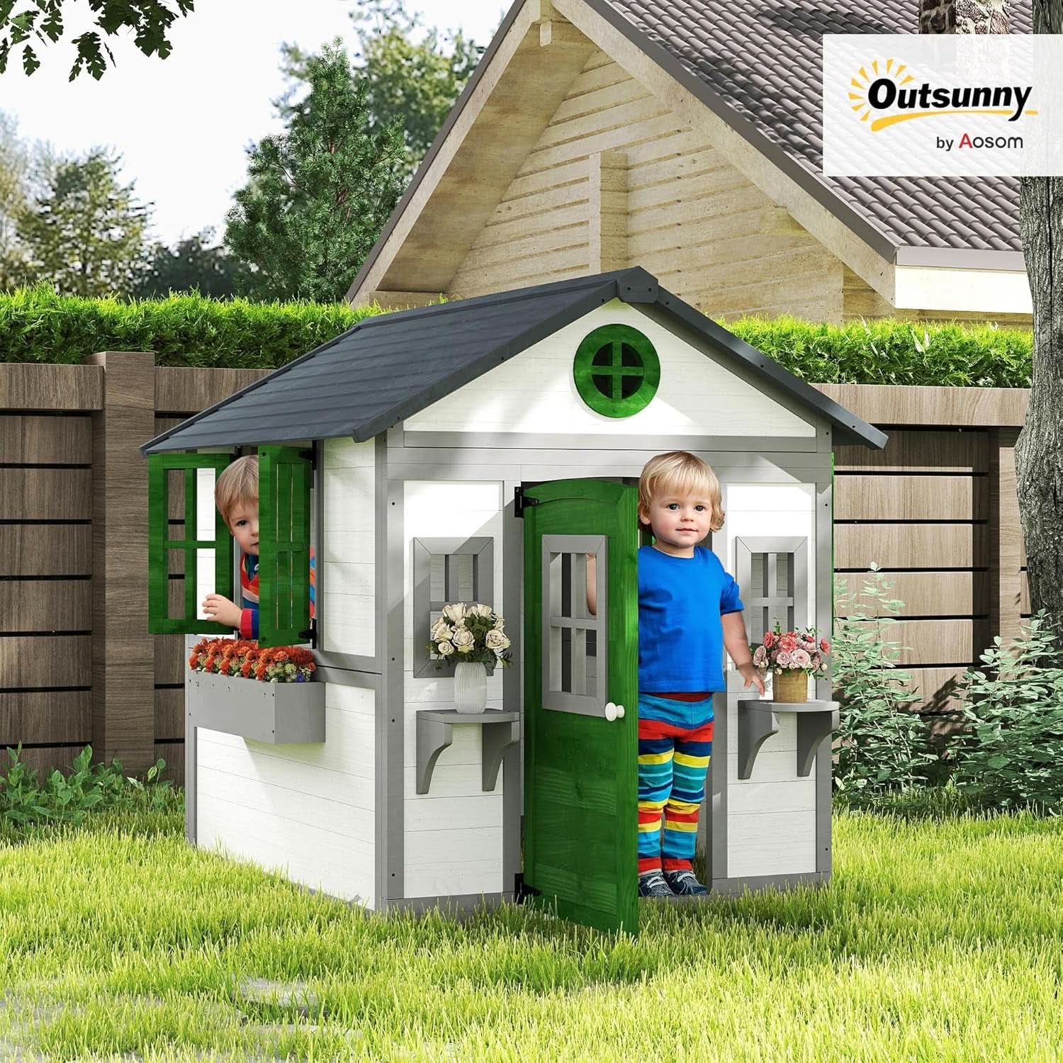 Outdoor Wooden Cottage Playhouse With Planter Boxes-1