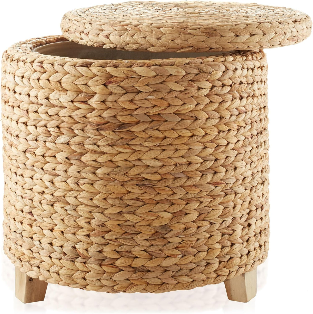 DEILSY 17" Round Storage Ottoman with Lid - Natural, Handwoven Water Hyacinth Footstool for Living Room, Bedroom, Bathroom, Home Office-0