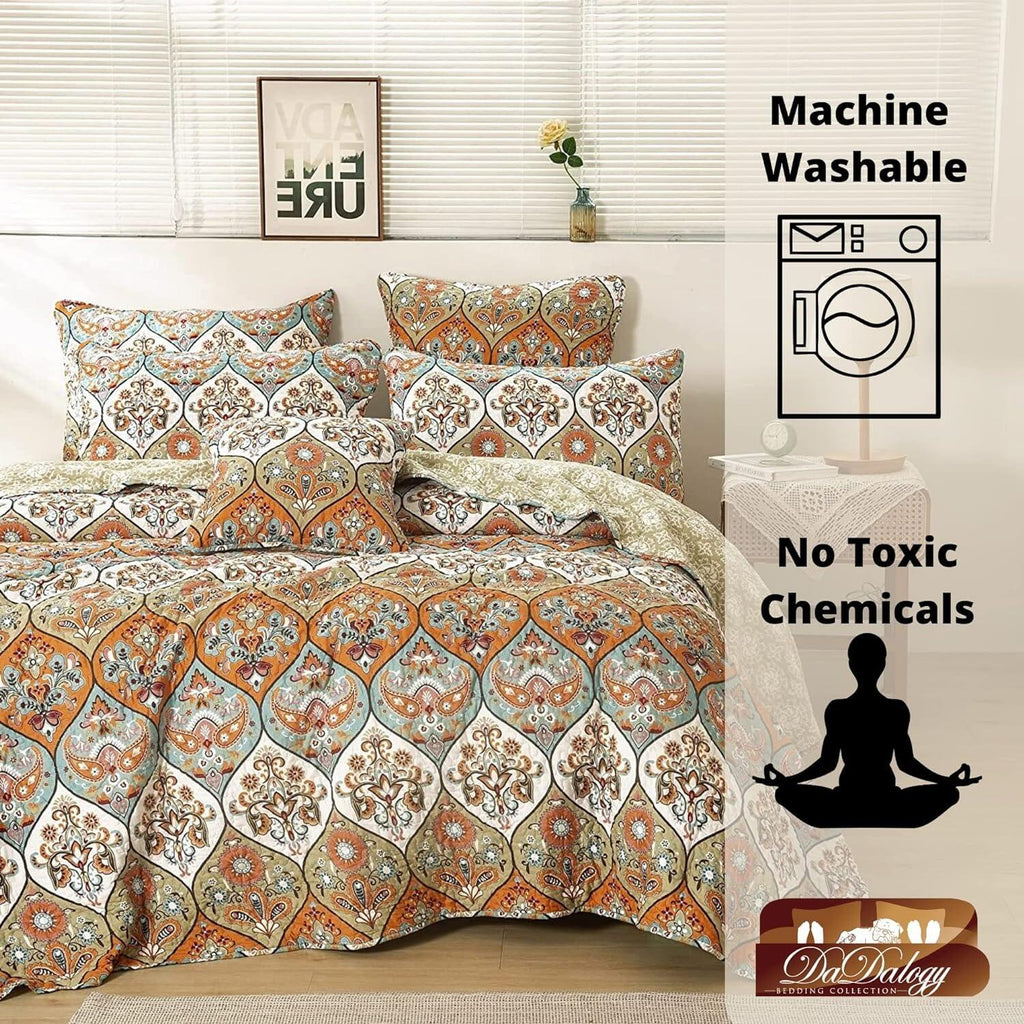 DaDa Bedding Bohemian Floral Paisley Garden Coral Teal Quilted Bedspread Set (LH1403)-1