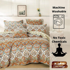 DaDa Bedding Bohemian Floral Paisley Garden Coral Teal Quilted Bedspread Set (LH1403)-1