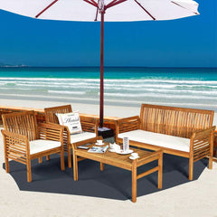 Outdoor Acacia Wood 4 Piece Sofa Set With Water Resistant Cushions Coffee Table-1