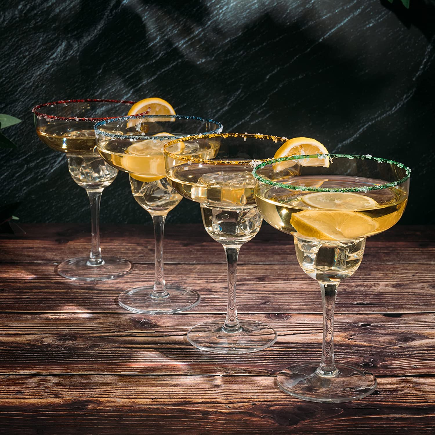 Margarita Cocktail Glasses, Party Colored Rims Cocktail Glasses 12oz Set of 4
