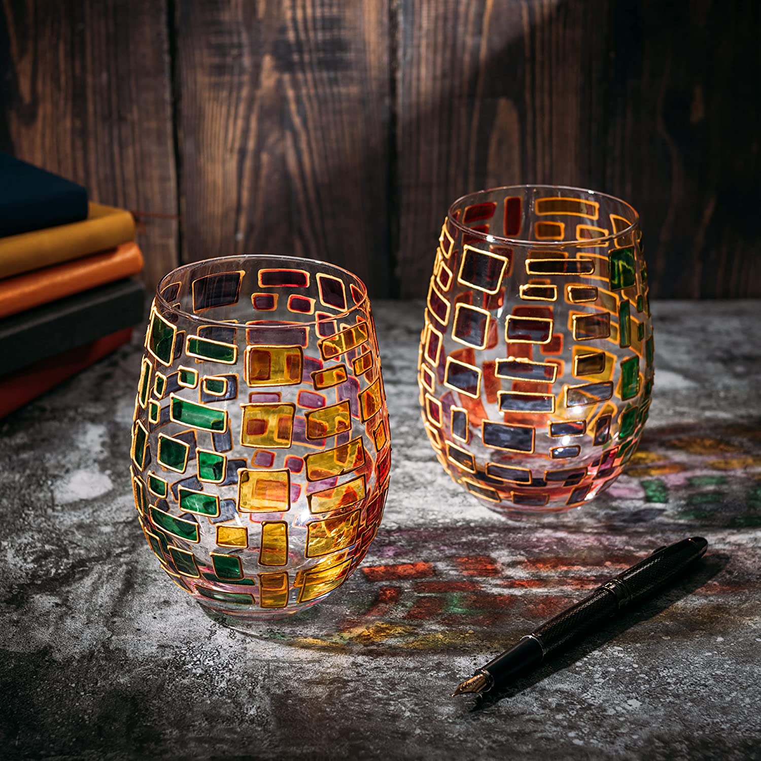 Renaissance Stained Glass Windows, (Stemless Wine Glasses)-2