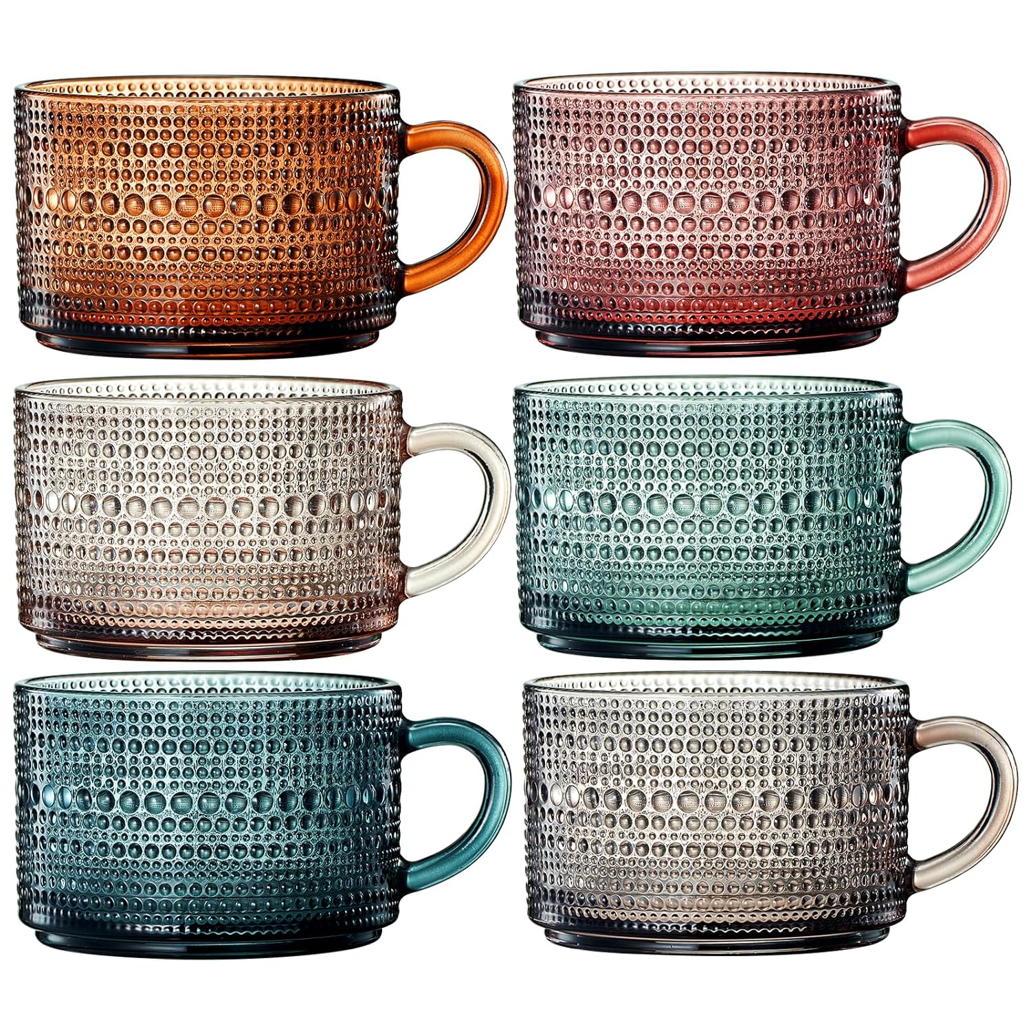 Vintage Colored Glass Coffee Mugs Set With Handles | Set of 6 | 15oz-1