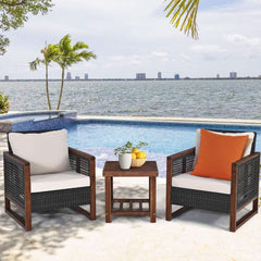 3 Piece Patio Wicker Furniture Set With Beige Washable Cushions And Acacia Wood Coffee Table-3