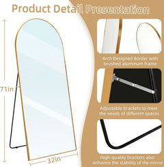 Arched Full Length Mirror 71x32 Inches Gold Aluminum Floor-2