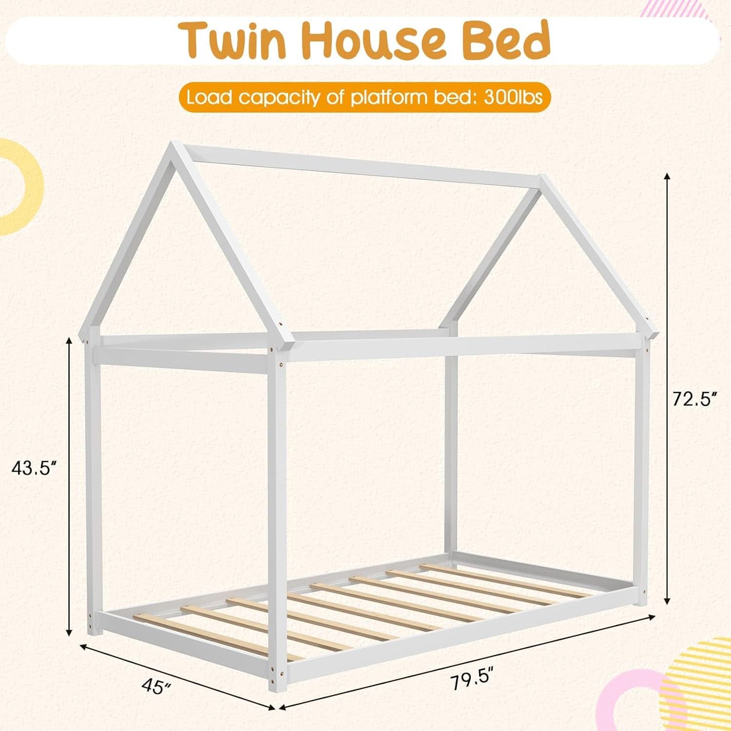 Twin House Bed Frame With Roof Canopy Montessori For Kids-2