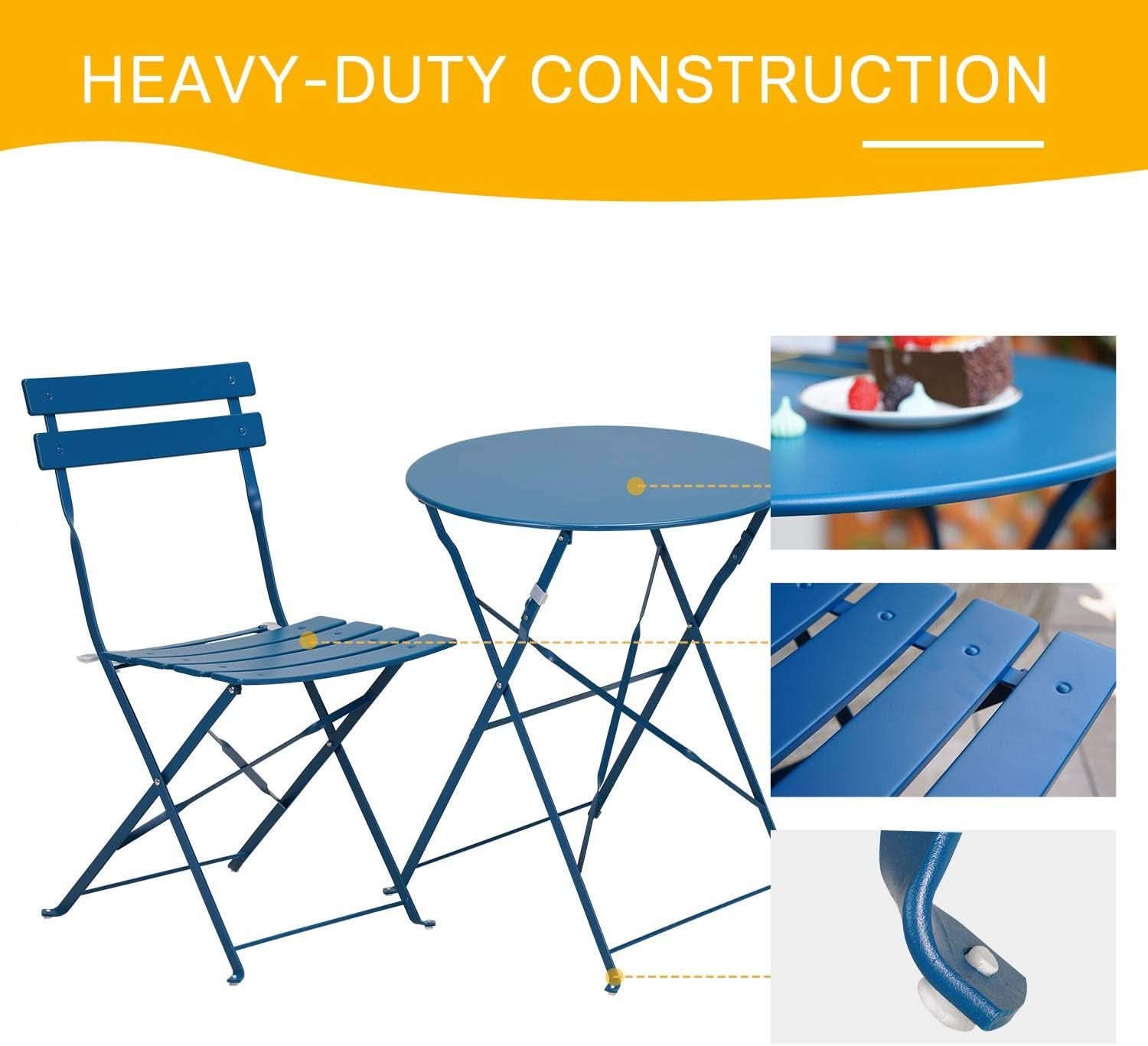 Peacock Blue 3 Piece Folding Bistro Set For Patio Garden-3
