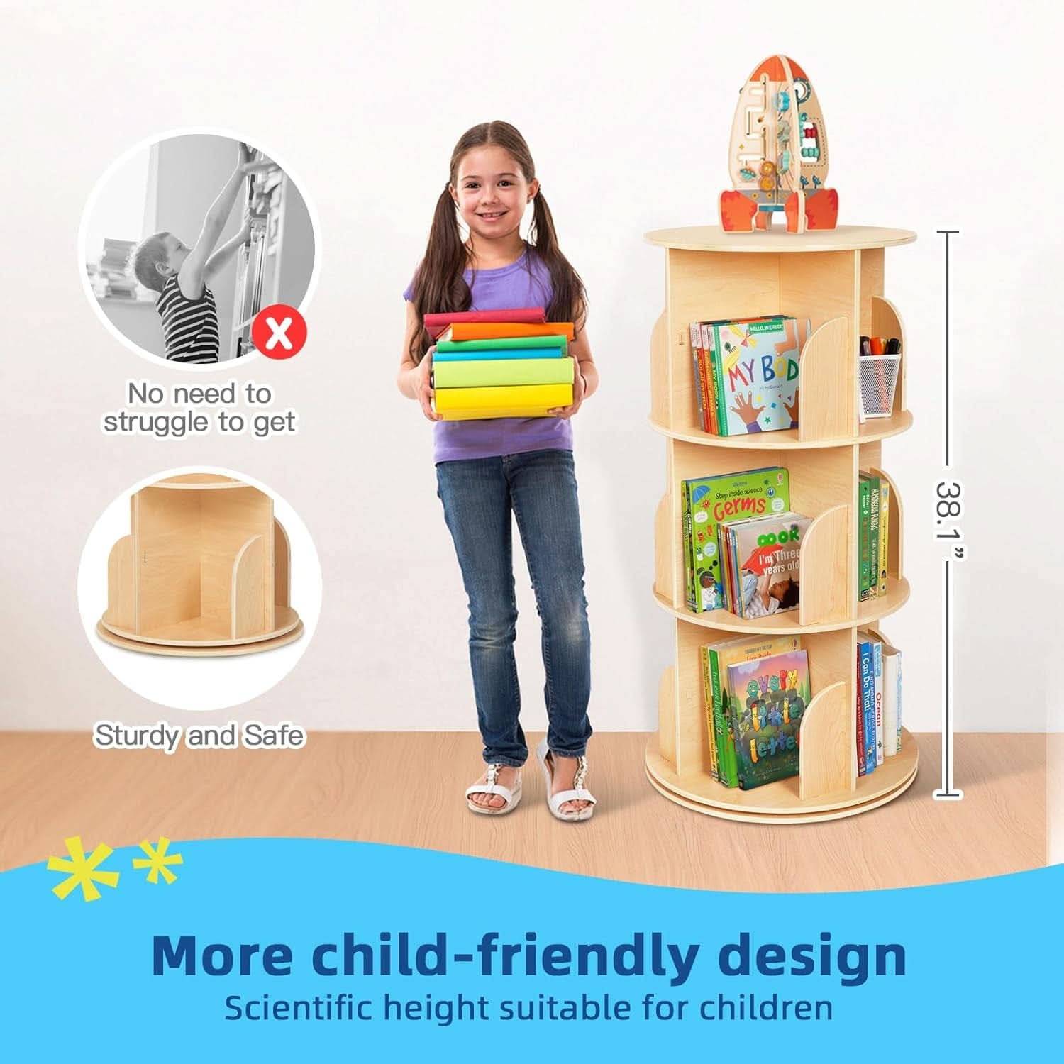 Kids Rotating Corner Bookshelf Three Tier Space Saver-2