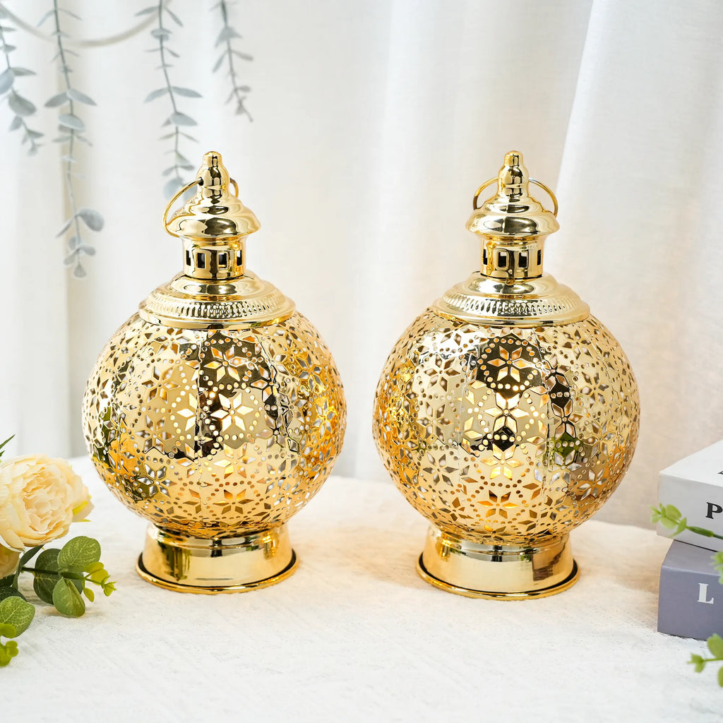 Metal Ramadan Lanterns 10" Gold Electric Candle Holders-3