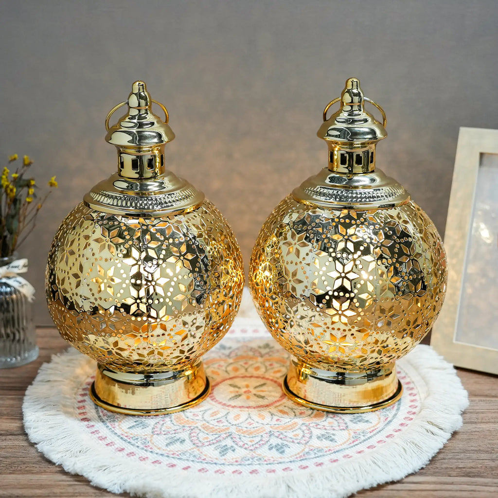 Metal Ramadan Lanterns 10" Gold Electric Candle Holders-4
