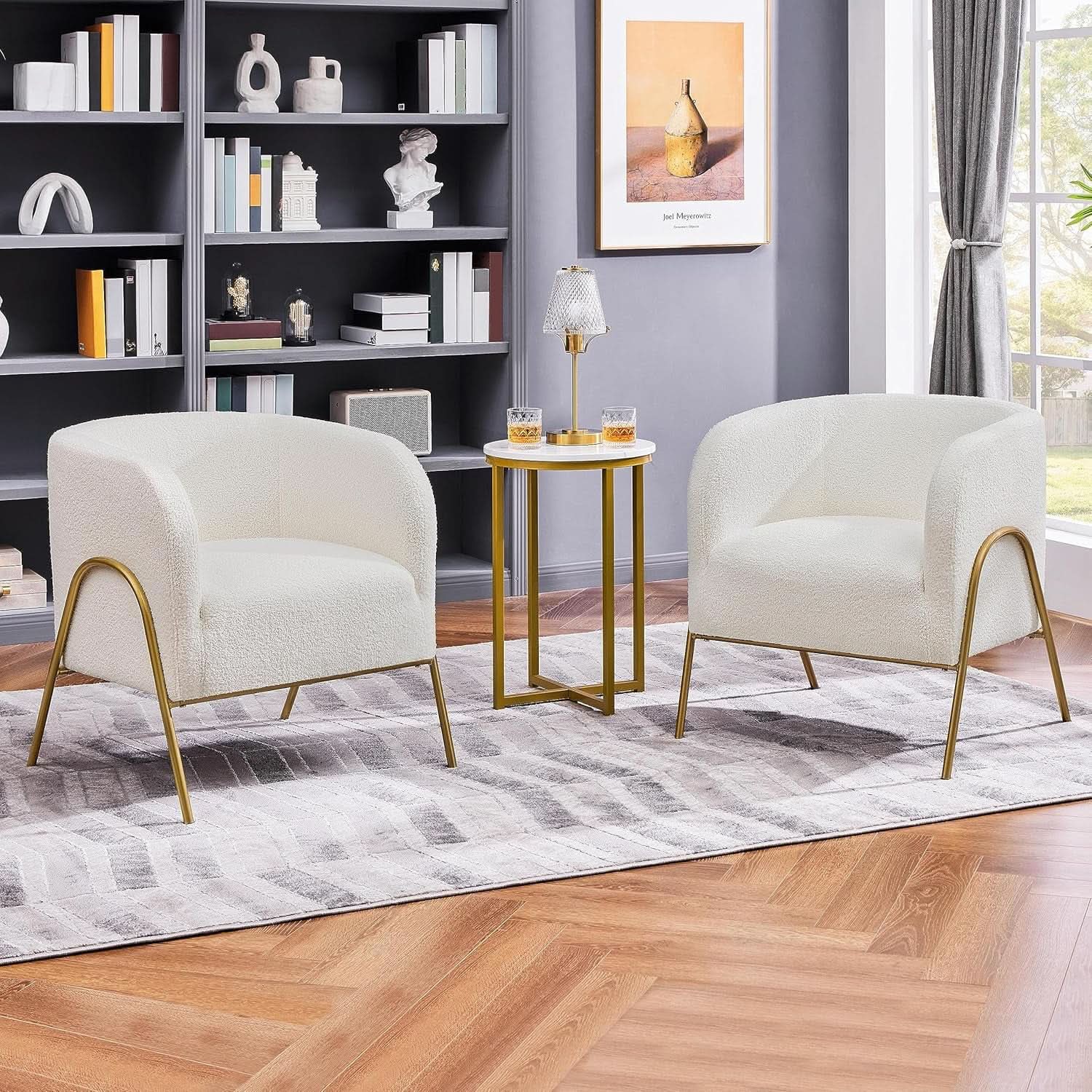 (Set of 2) 27" Ivory Boucle Accent Chairs With Gold Legs