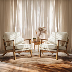 Beige Linen Upholstered Armchair SetOf2 Mid Century-0