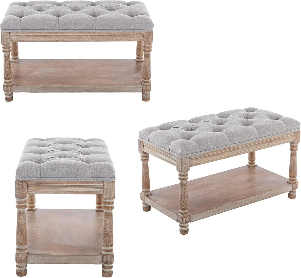 Grey Tufted Upholstered Storage Ottoman Bench Shelf-3