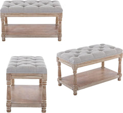 Grey Tufted Upholstered Storage Ottoman Bench Shelf-3