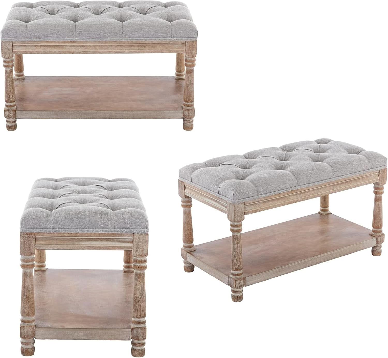 Grey Tufted Upholstered Storage Ottoman Bench Shelf-3