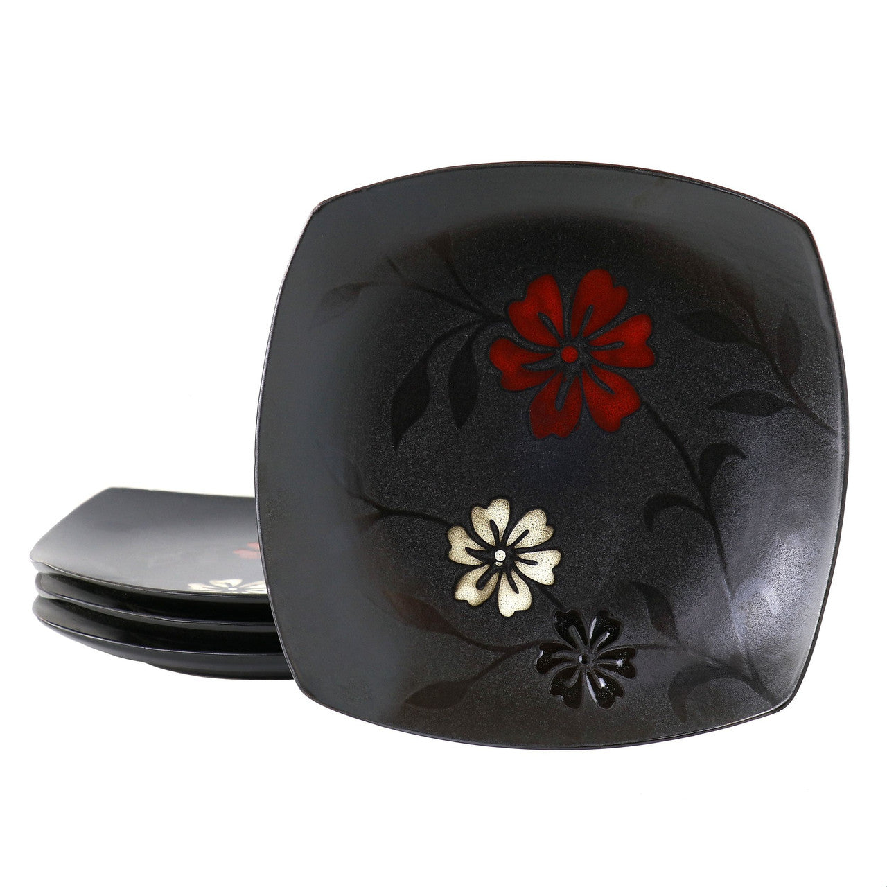 Hometrends Evening Blossom 4 Piece 8 Inch Square Stoneware Salad Plate Set in Black-0