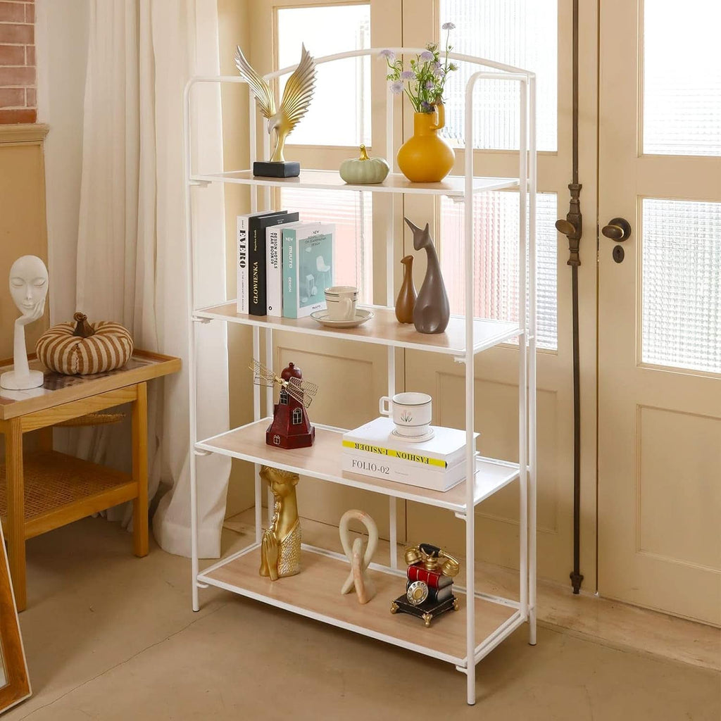 No Assembly Foldable Bookshelf 4 Tier White Bookcase-2