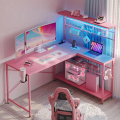 51 Inch L Shaped Gaming Desk Pink With Power Outlets And LED Lights-1