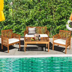 Outdoor Acacia Wood 4 Piece Sofa Set With Water Resistant Cushions Coffee Table-3